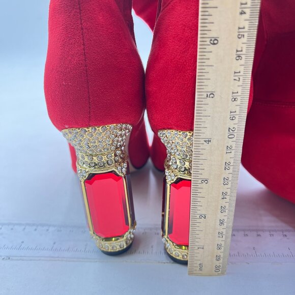 FSJ Red Over The Knee Boot Crystal Chunky High Heel Stretch Thigh High Long Boot - Picture 5 of 8
